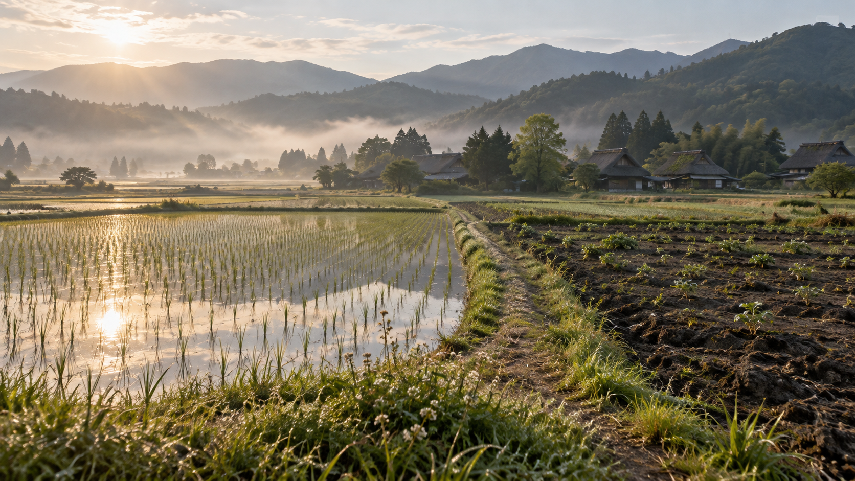 朝の水田と畑、遠い山並みを描いた創作情景