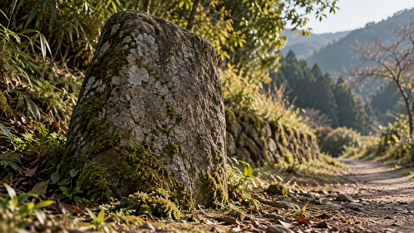 村の道の脇に立つ無銘の石の創作情景