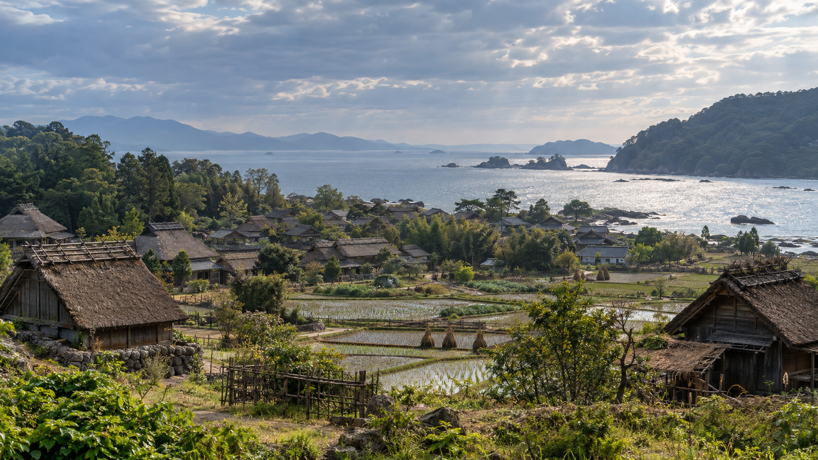 海に近い田畑と低い民家、山々を遠くから眺める創作景観