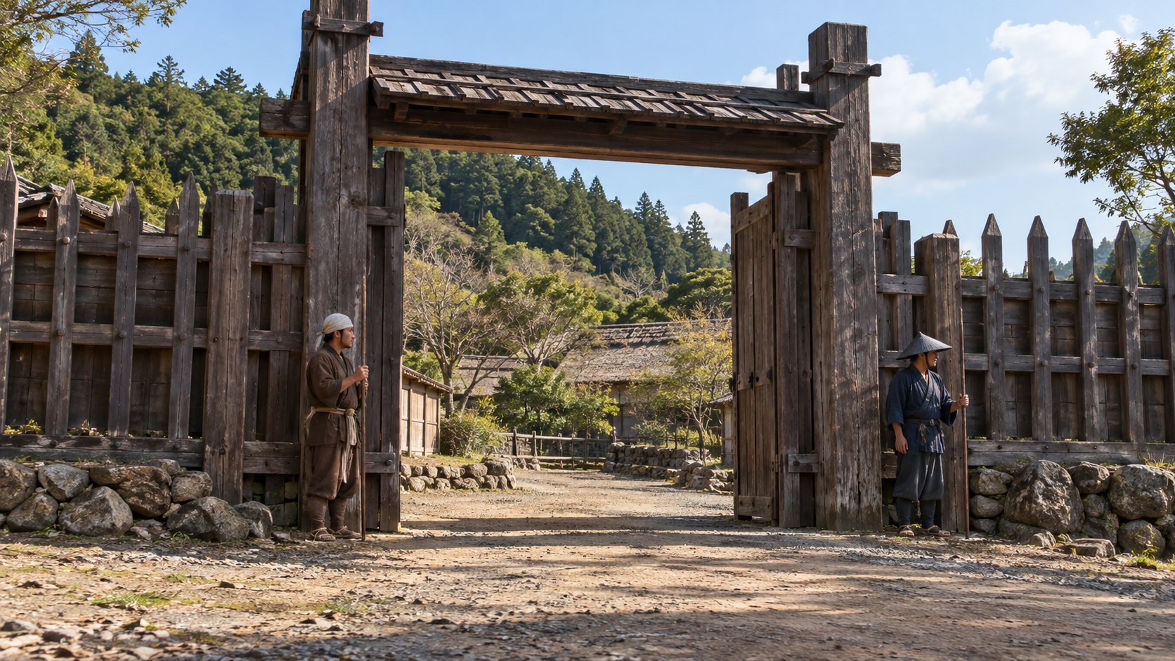 木門と板塀の左右で棒状の持ち物を手に立つ匿名の人物二人の創作情景