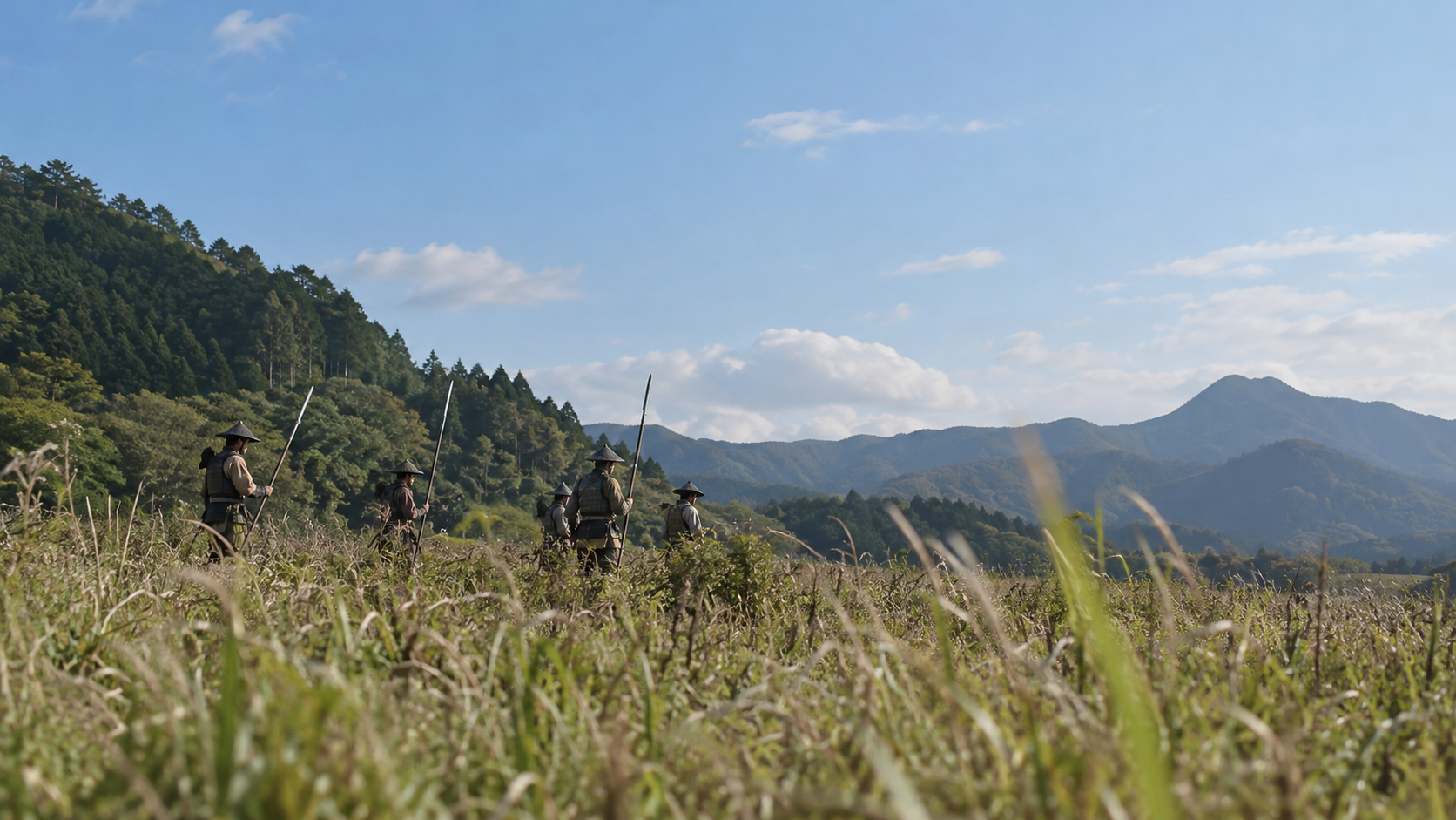草地の向こうに槍を携えた匿名の兵たちが見える創作情景