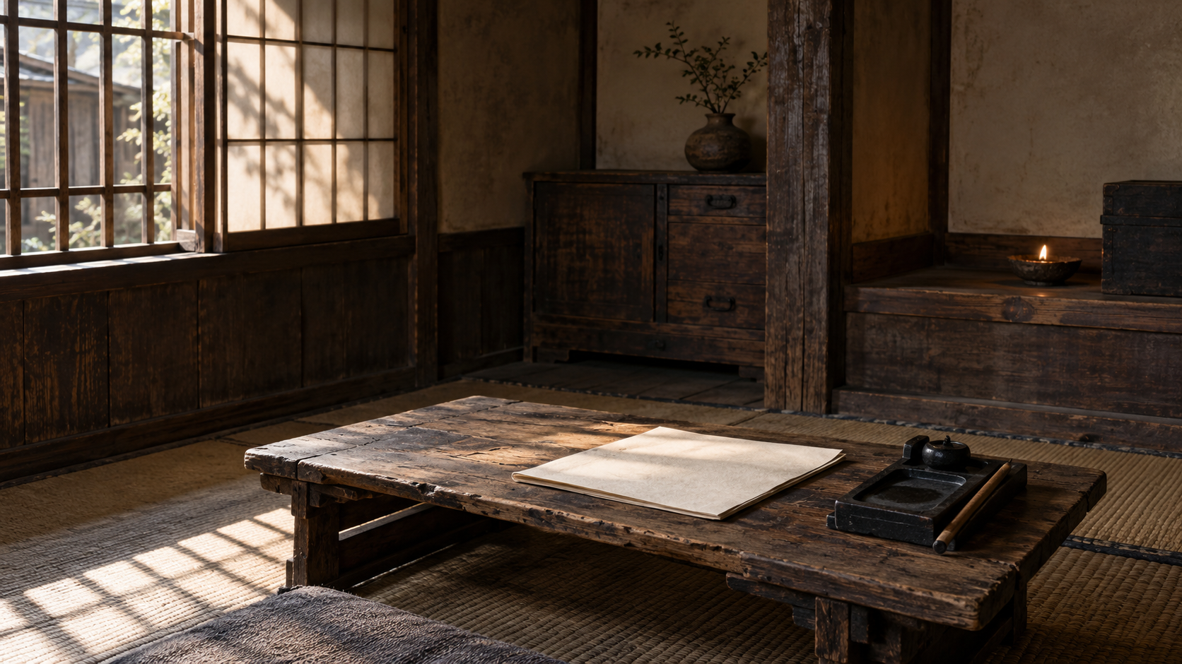 低い机に白紙と硯があり、窓から斜めに光が入る室内の創作情景