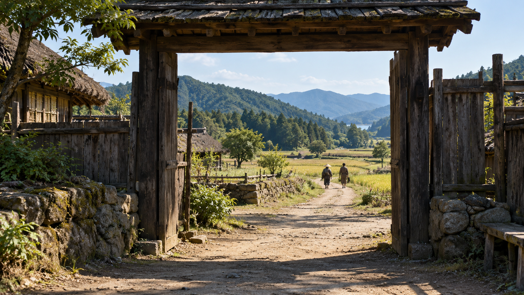 低い木門の先の土道を遠方の匿名人物二人が歩く創作景観