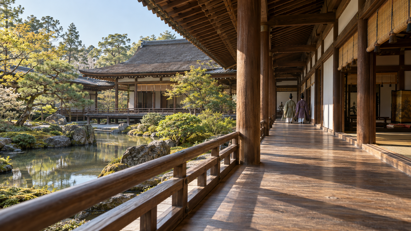 庭を望む木造の回廊と遠くの人物の創作景観
