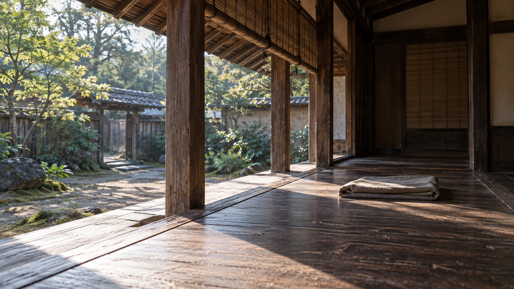 人のいない縁側に布が置かれた創作情景