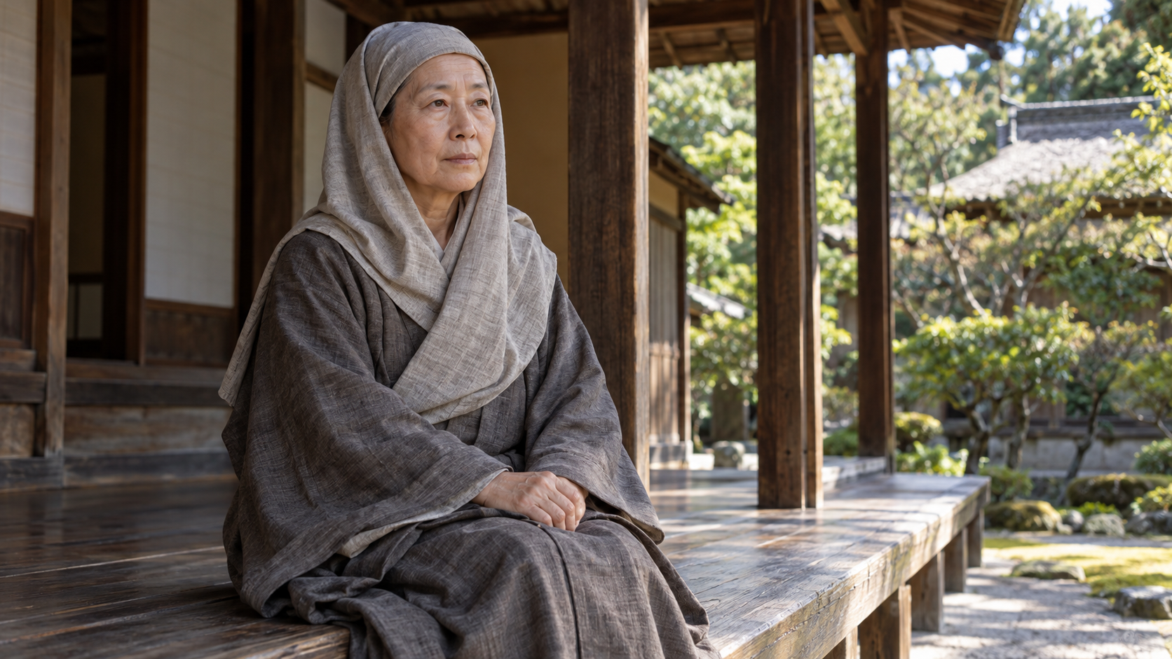 灰色の頭巾と衣で縁側に座る女性の創作情景