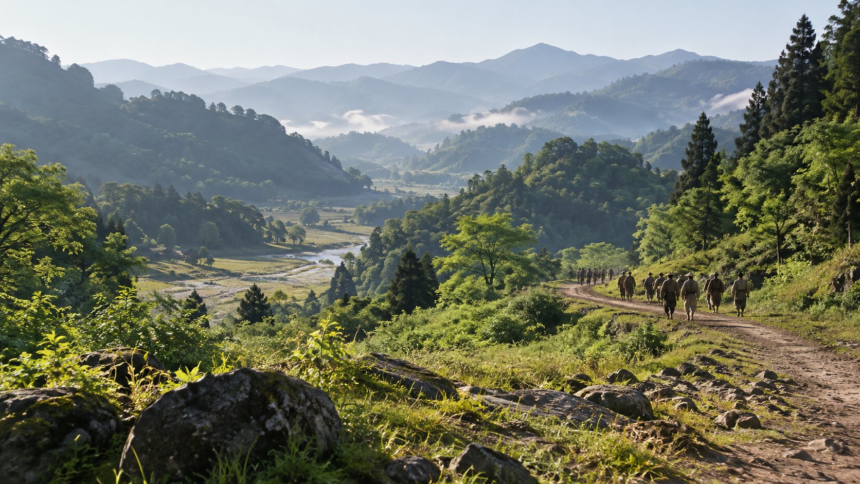 緑の山間の道を遠くの一行が進む創作情景