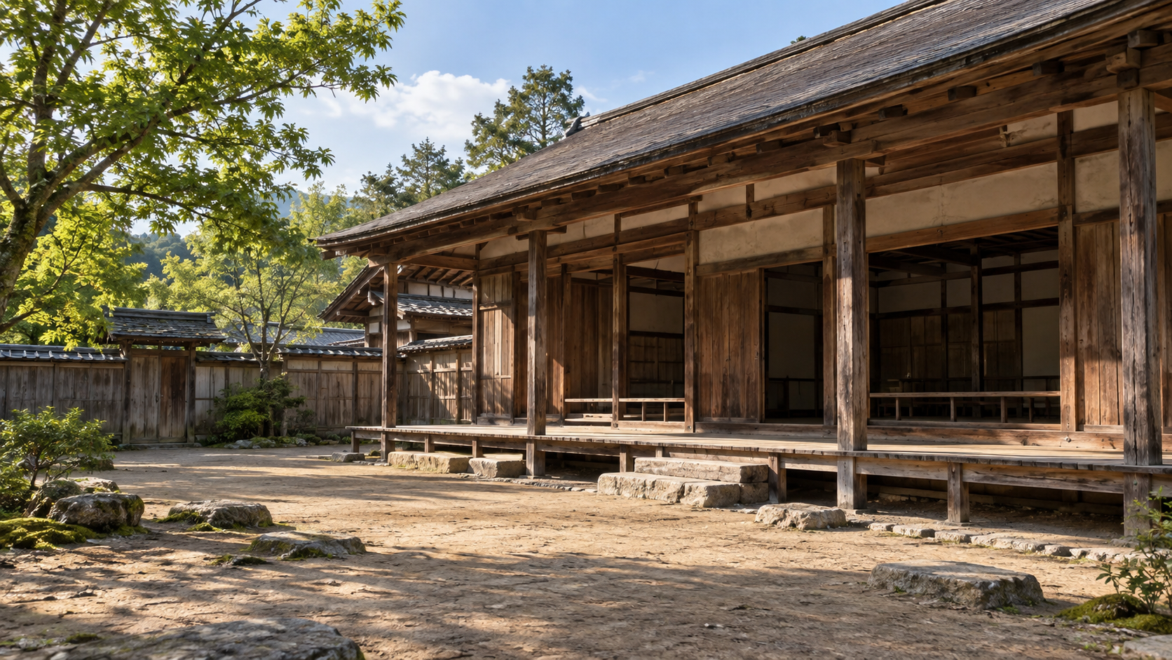 土の庭に面した低い木造庁舎の創作景観