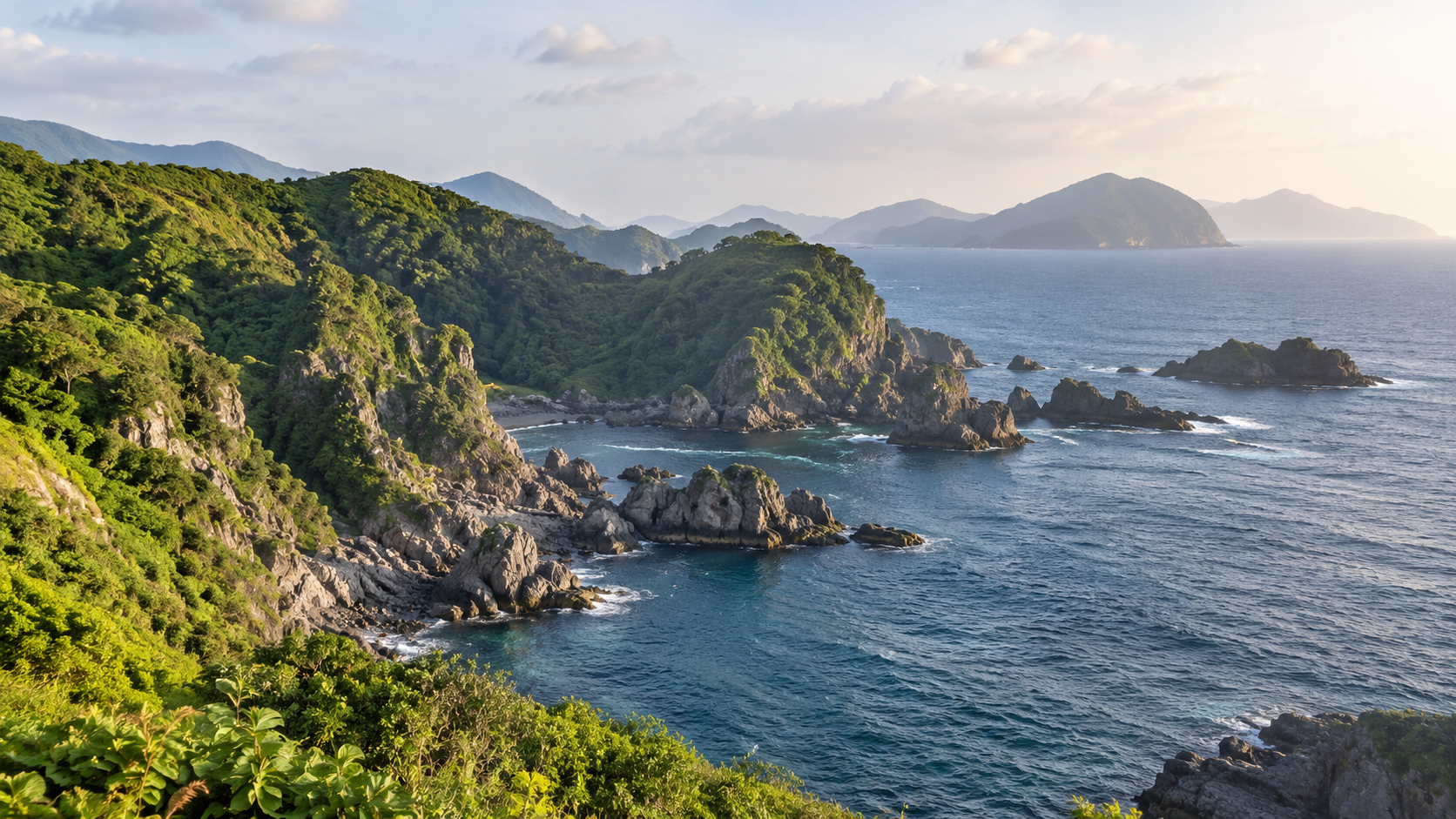 緑の岬と岩場と海の創作景観