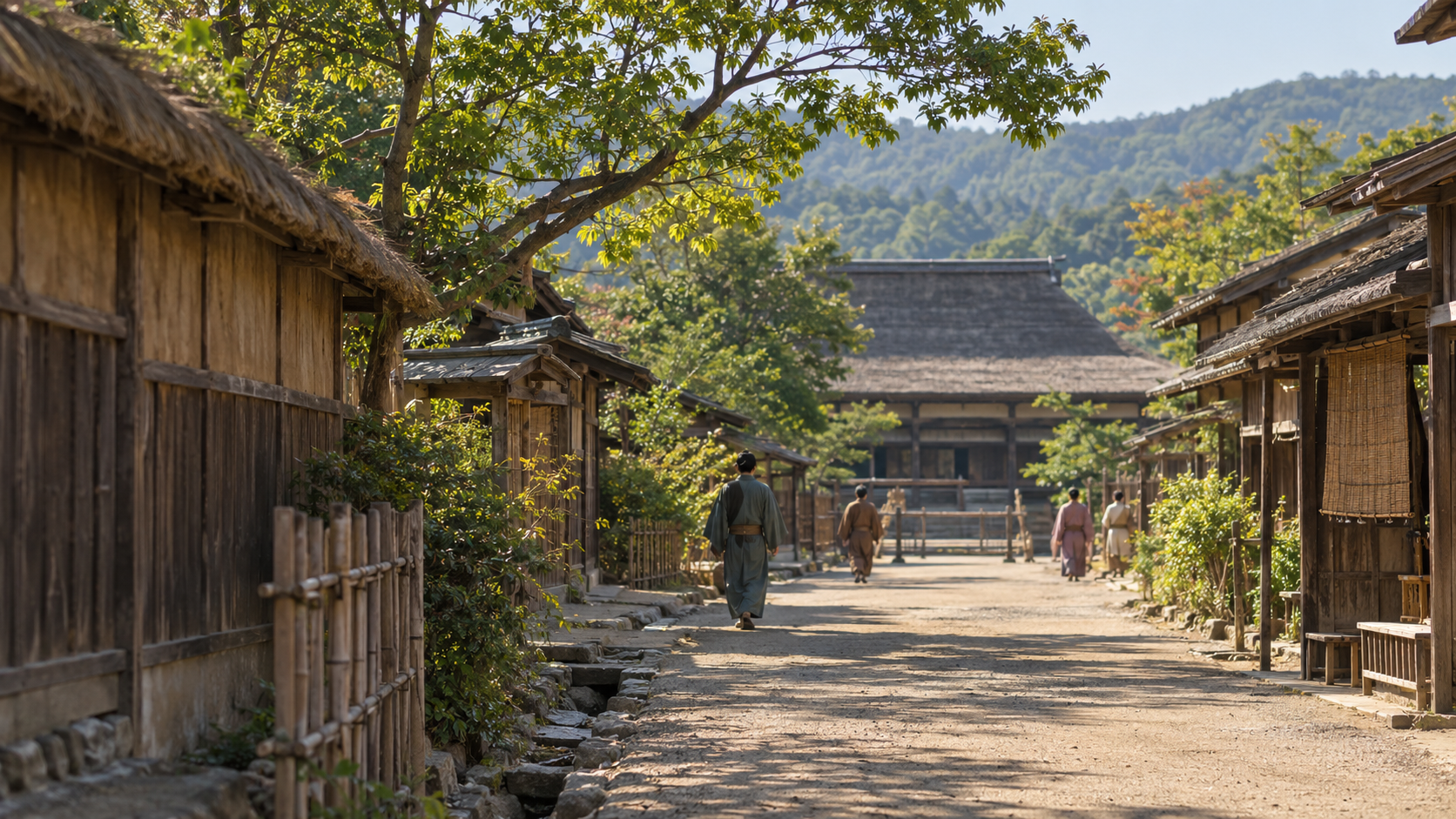 木造の家並みと土の道を歩く人々の創作景観