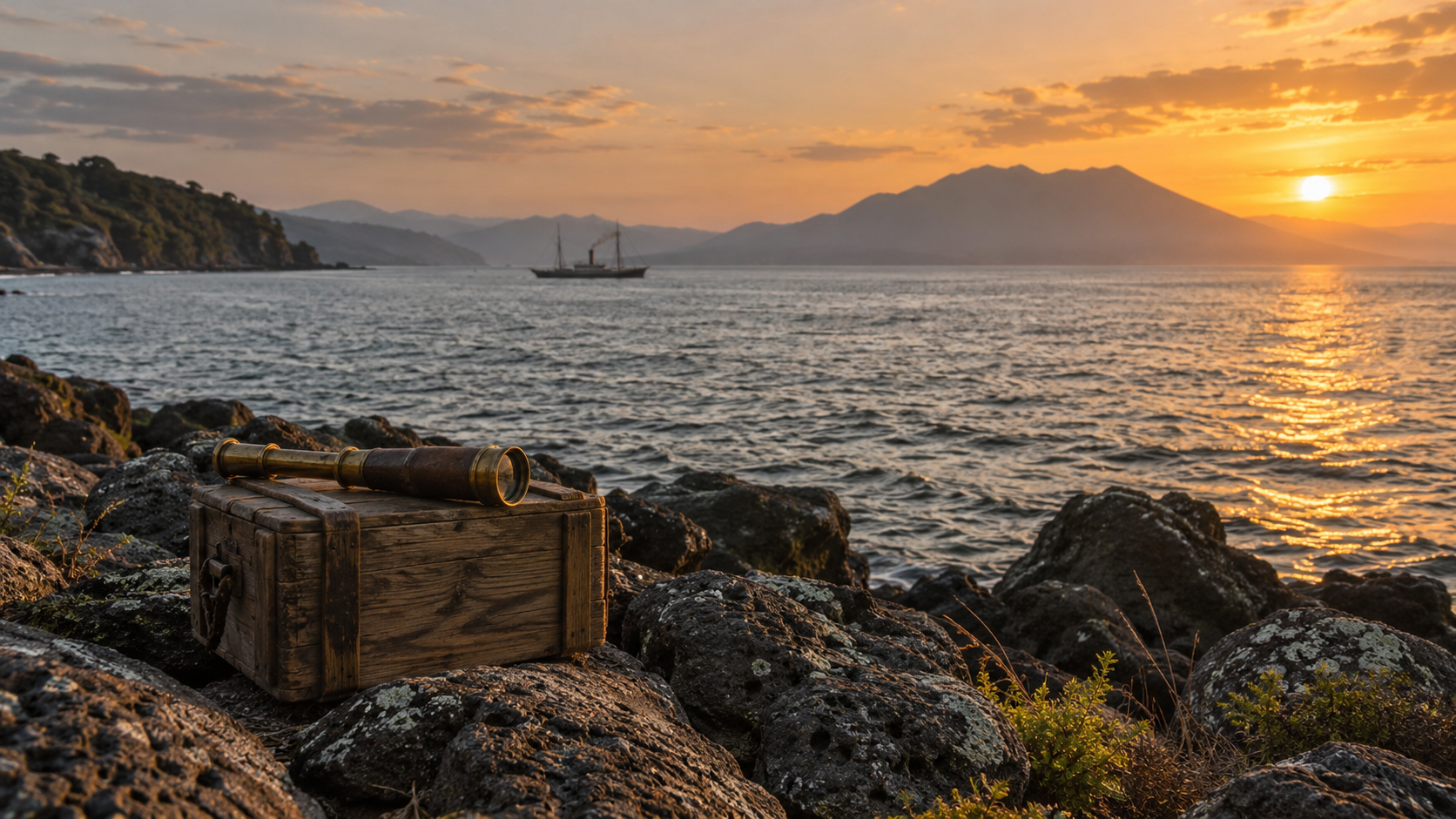 夕日の海と遠くの汽船、岩場の木箱と望遠鏡を描いた創作情景