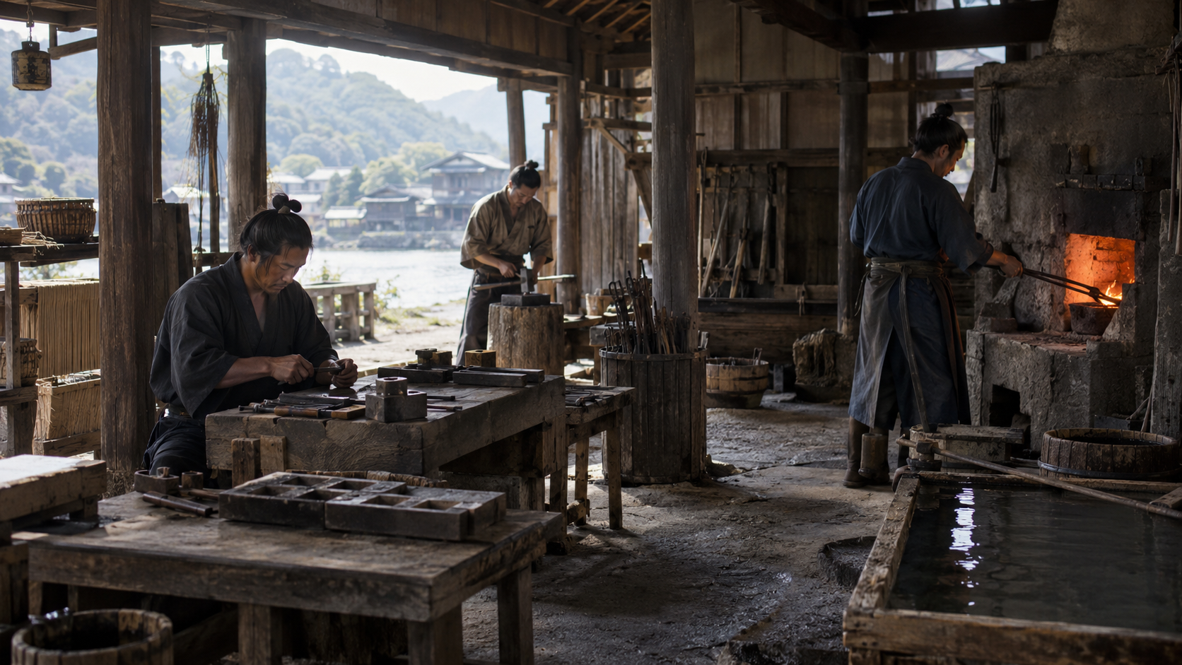 木造の工房で金属を加工する匿名の職人たちの創作情景