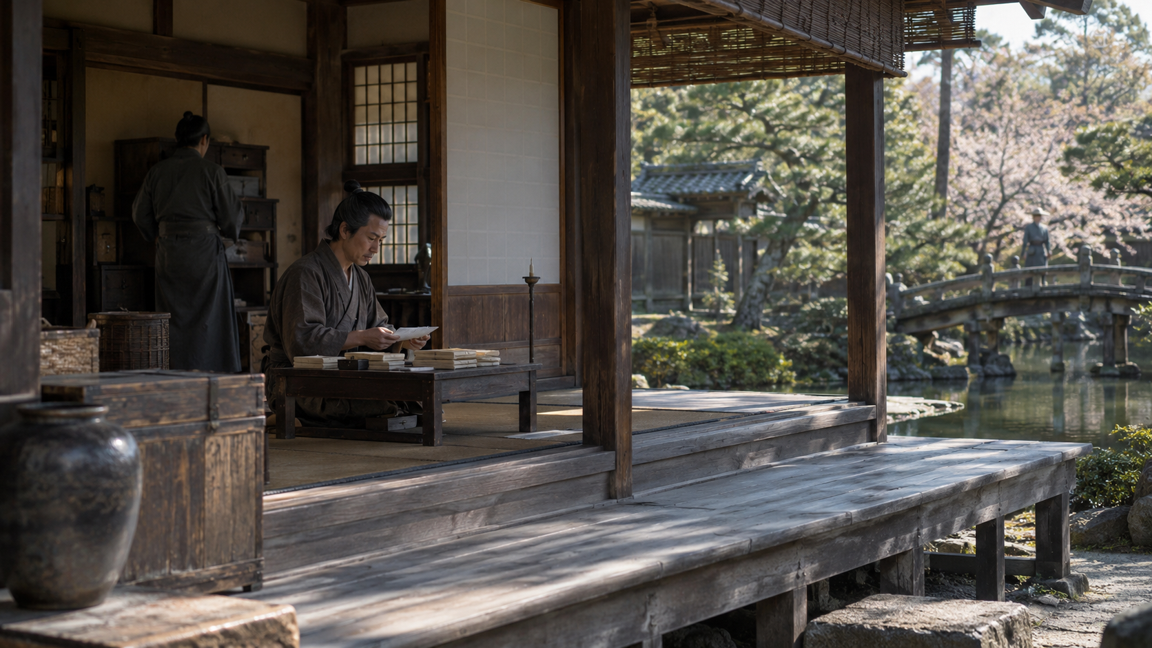 木造の部屋で紙の束を扱う匿名の人物の創作情景