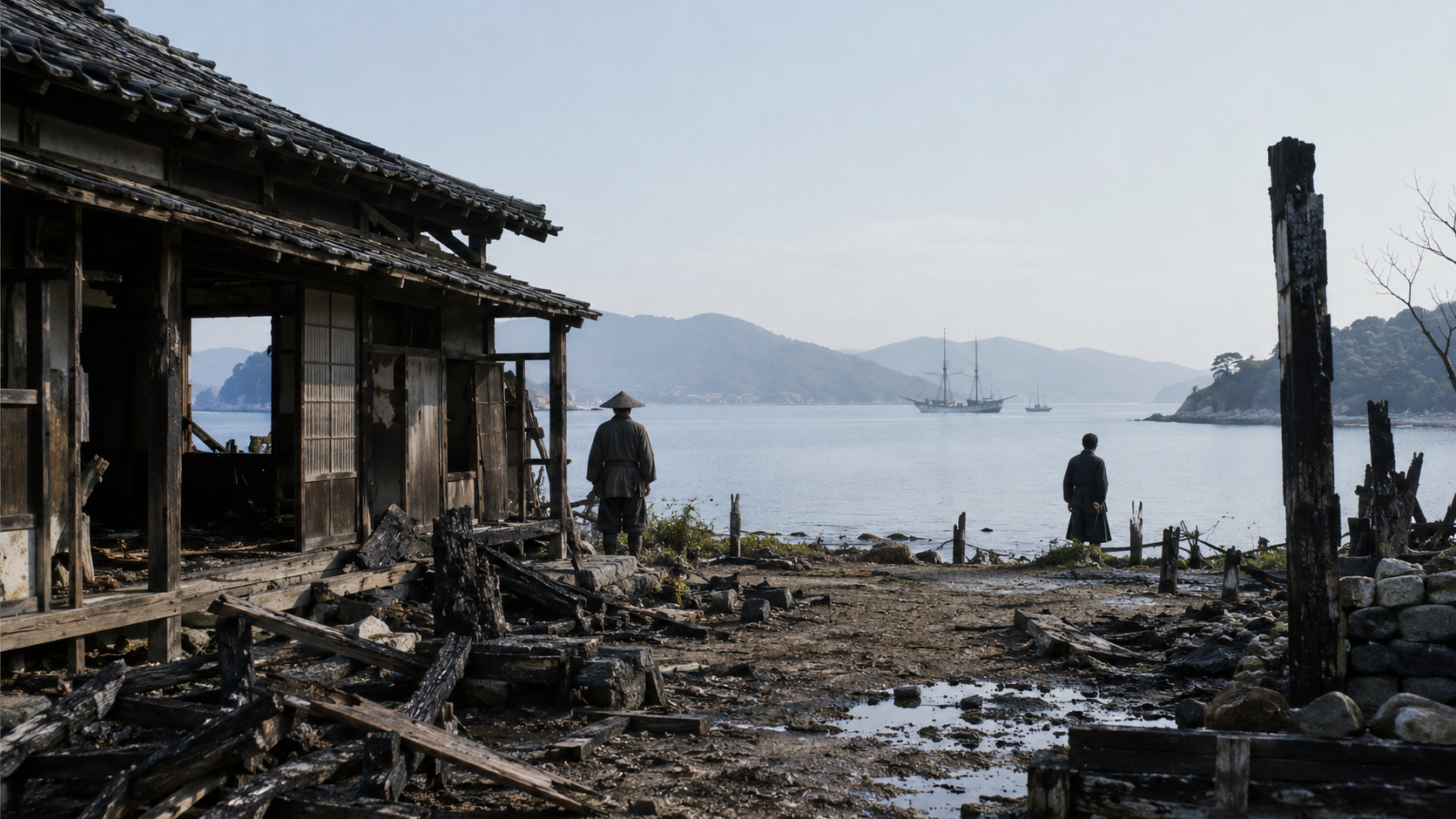 海を望む焼けた柱と傷んだ木造建物の創作情景