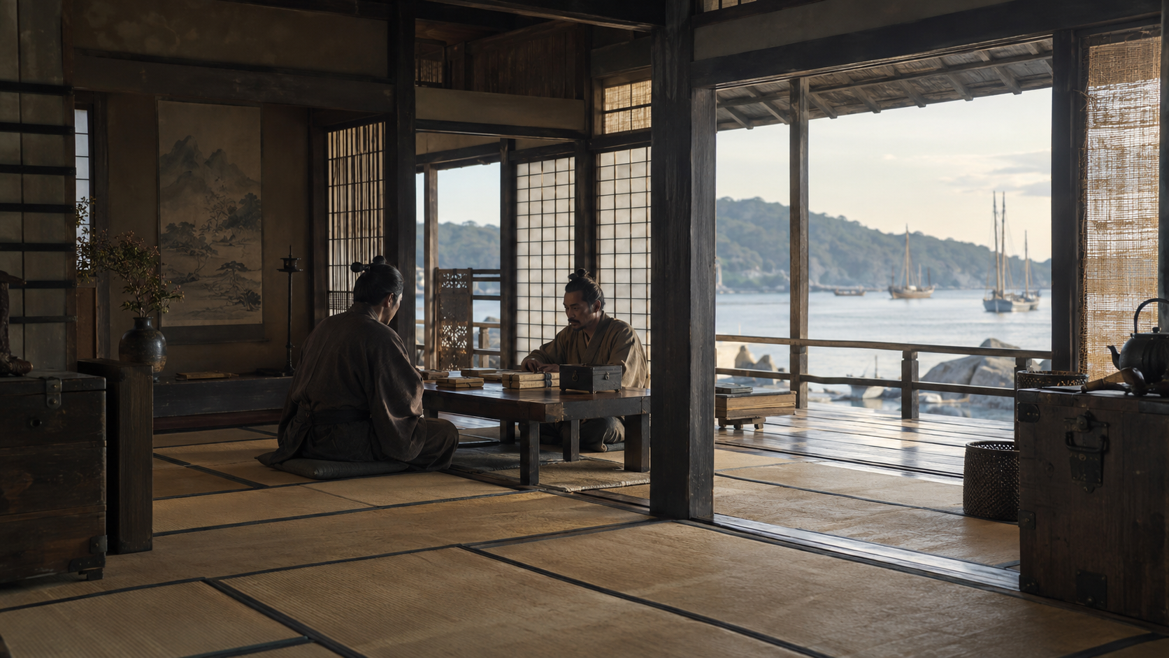 海辺の部屋で机を挟んで座る匿名の二人の創作情景