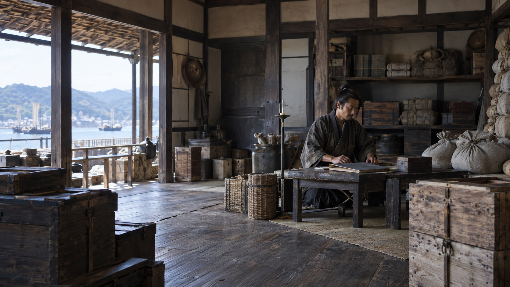 荷箱と袋を置いた部屋で机に向かう匿名の人物の創作情景
