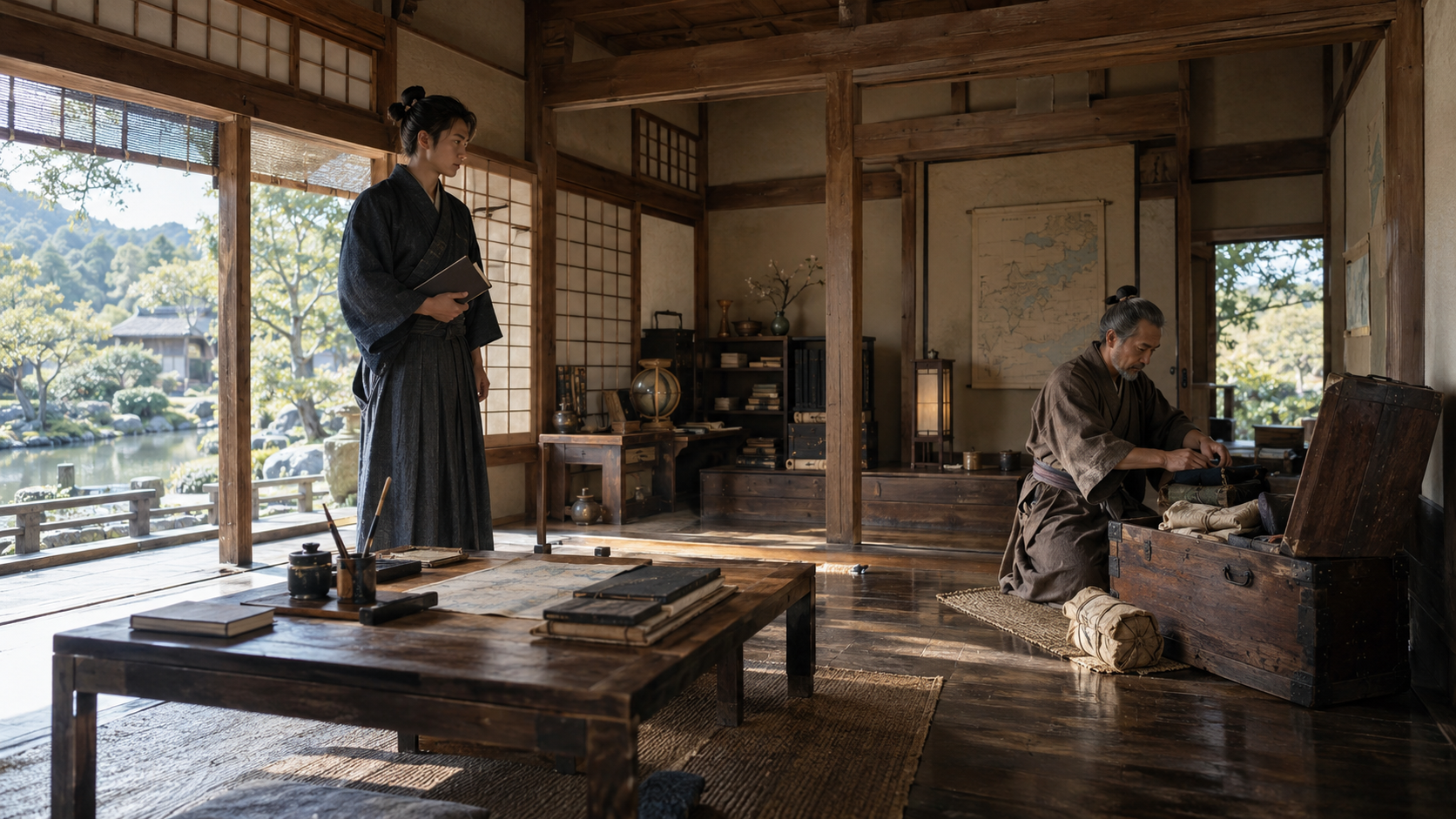 本を持つ匿名の若者と旅行用の箱を準備する人物の創作情景