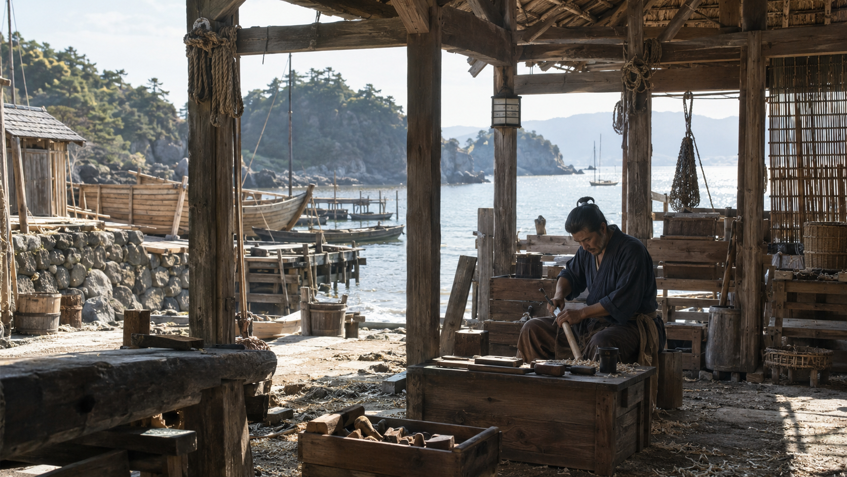 海沿いの工房で道具の手入れをする匿名の職人の創作情景