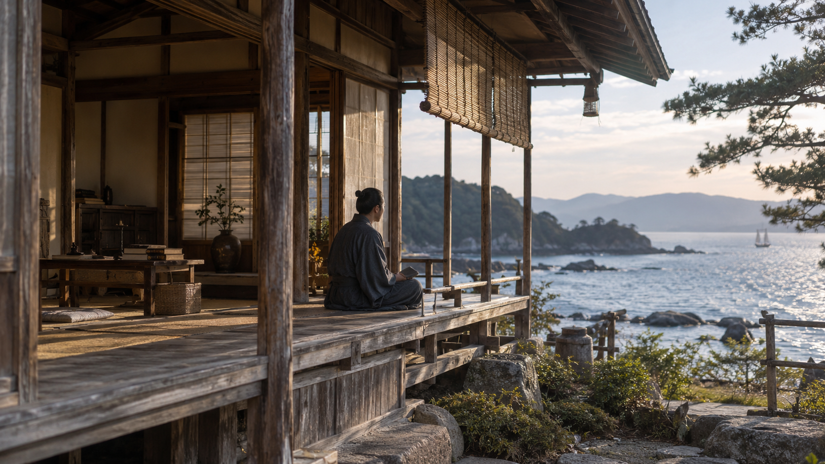 海に面した縁側で本を持つ匿名の人物の創作情景