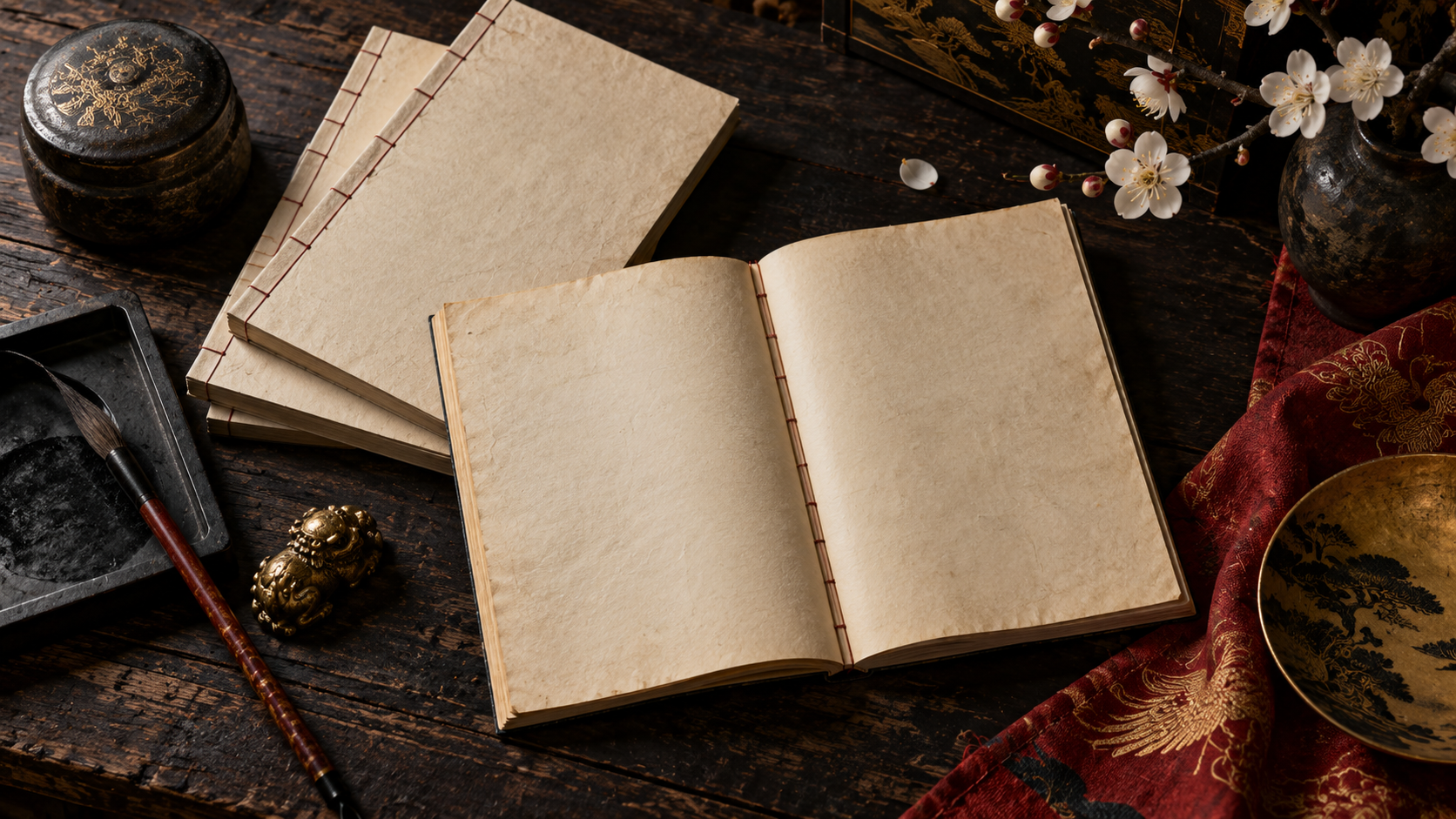 文字のない綴じ本を並べた概念画