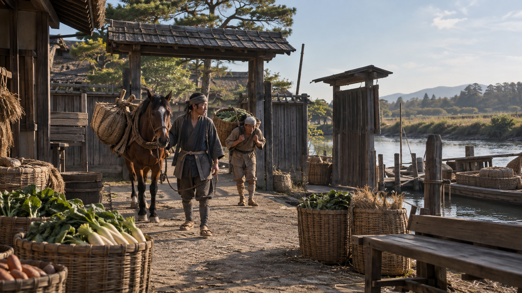 荷を運ぶ人馬と河岸を想起した創作情景。川越五河岸の精密な復元ではない