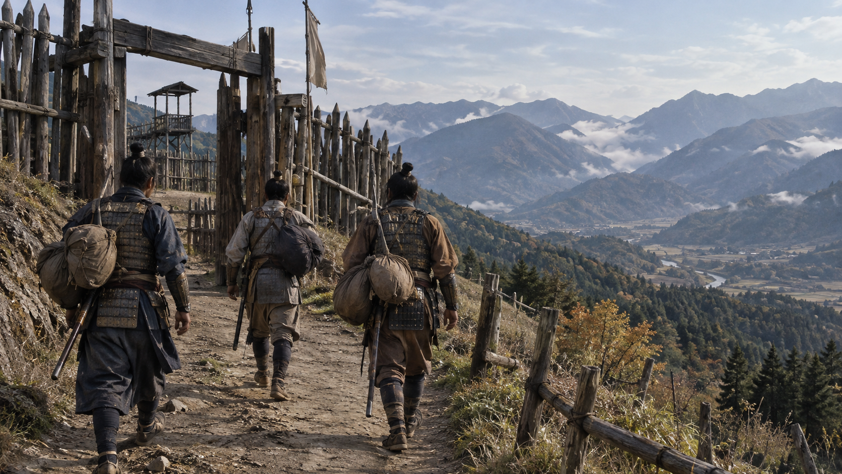 木柵の城を後に山道を歩く武士たちの創作情景