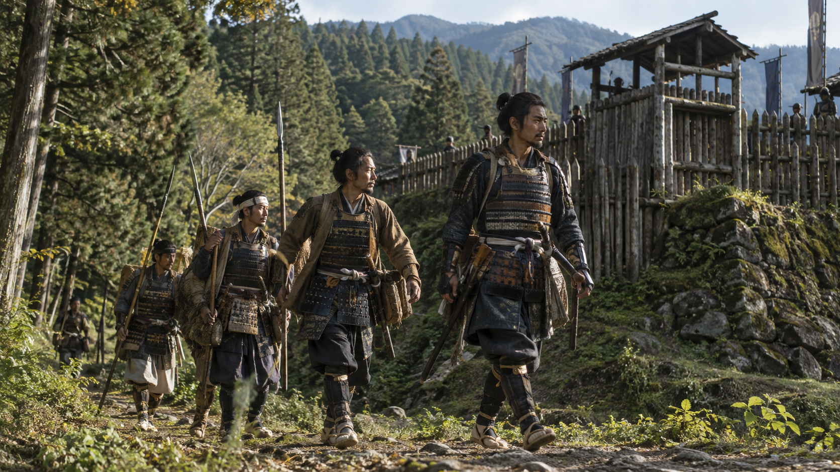 木造の城のそばを進む武士たちの創作情景