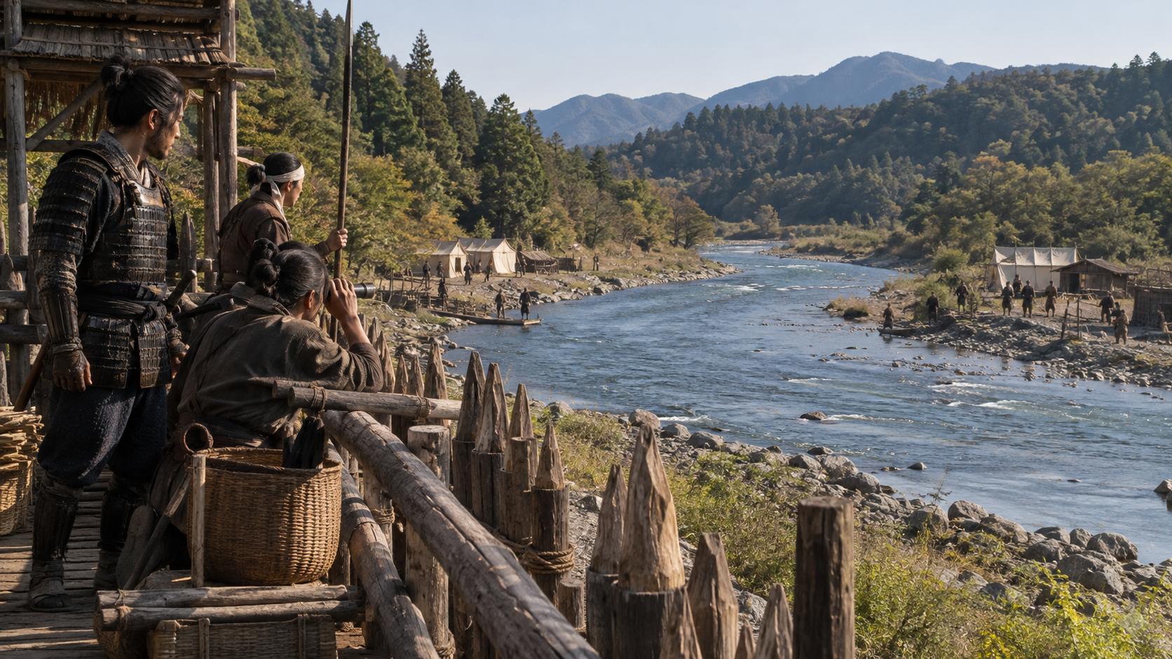 川を見下ろす木柵で対岸を望む人物たちの創作情景