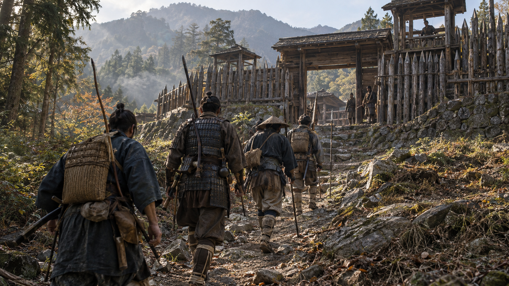 山の木柵の城へ向かう武士たちの創作情景
