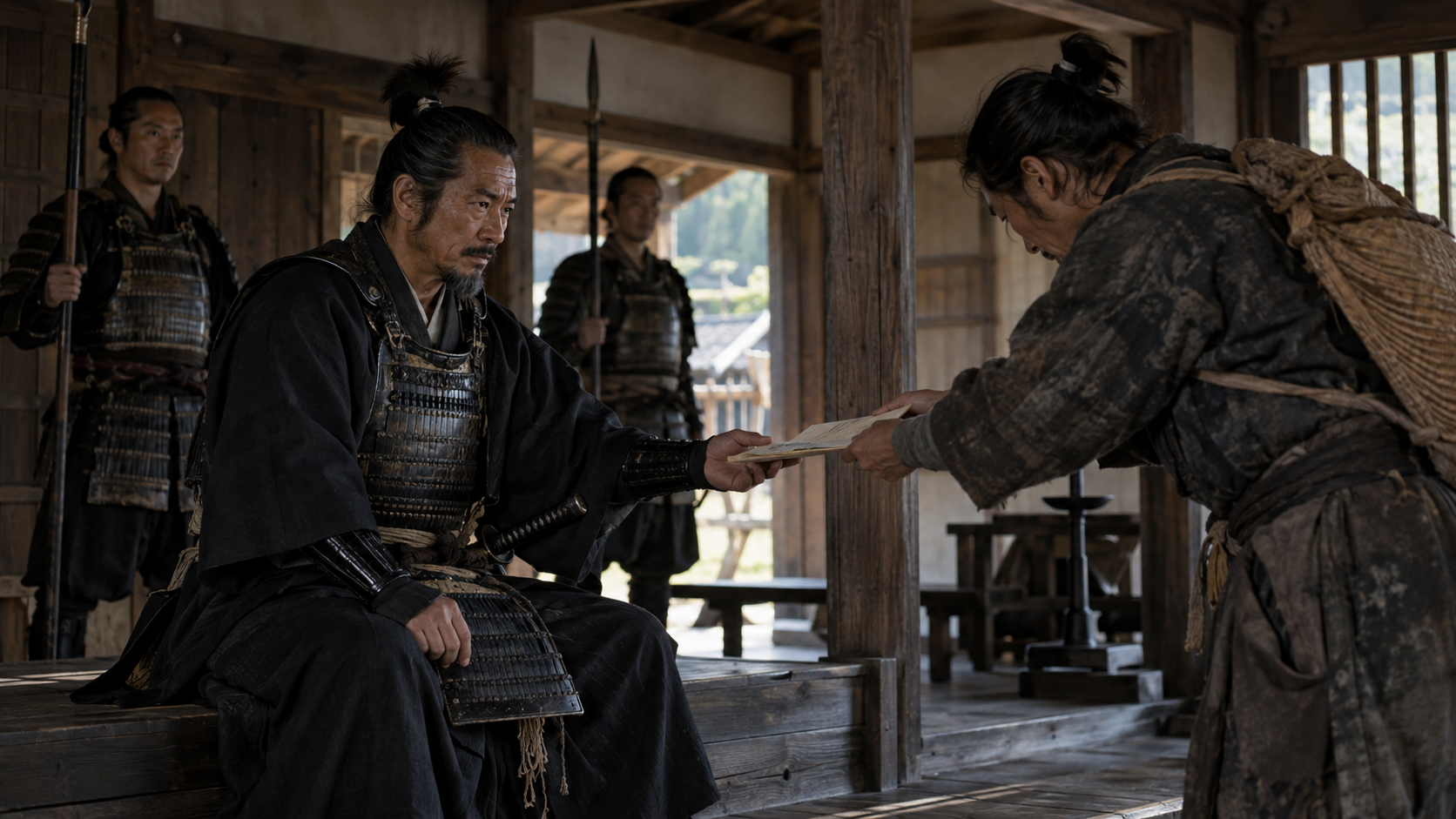 木造の部屋で白い紙を受け渡す武士と使者の創作情景