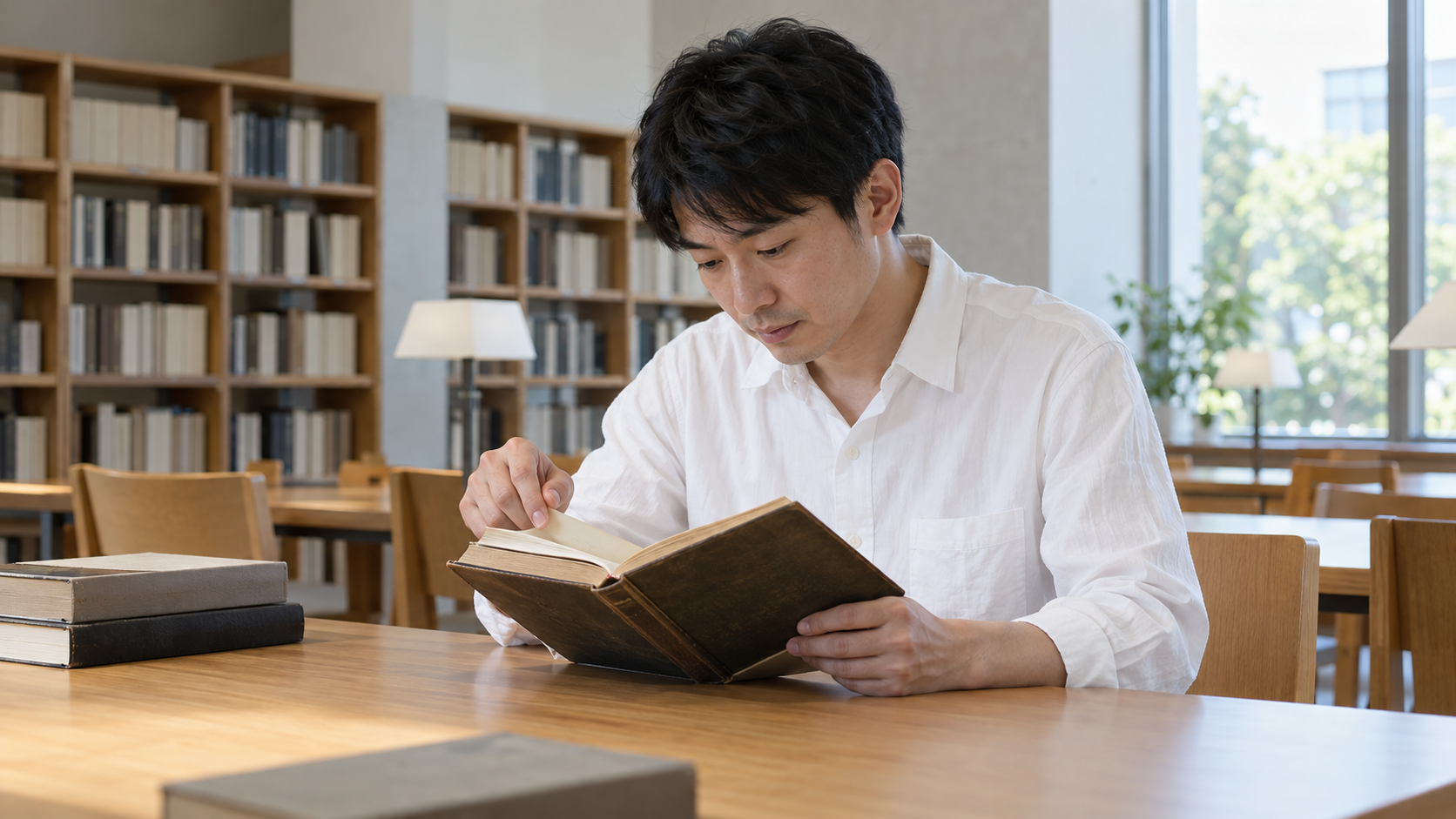 現代の図書室で本を読む成人の創作情景