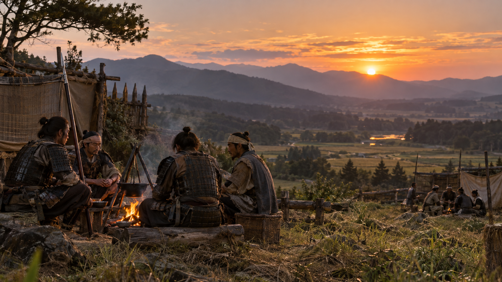 夕暮れの野営で火を囲む武士たちの創作情景