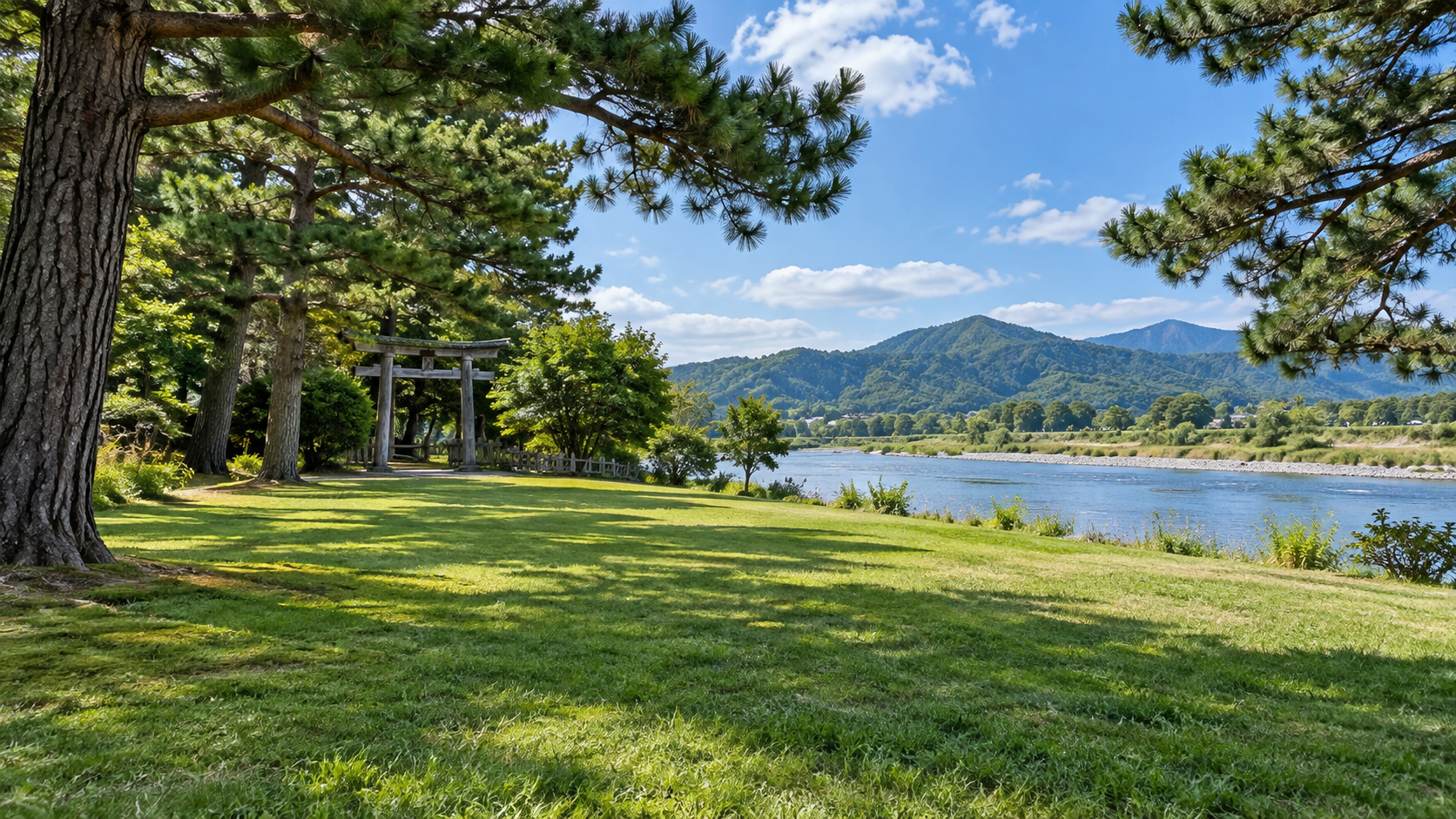 川辺の公園と社を想起した現代の創作風景