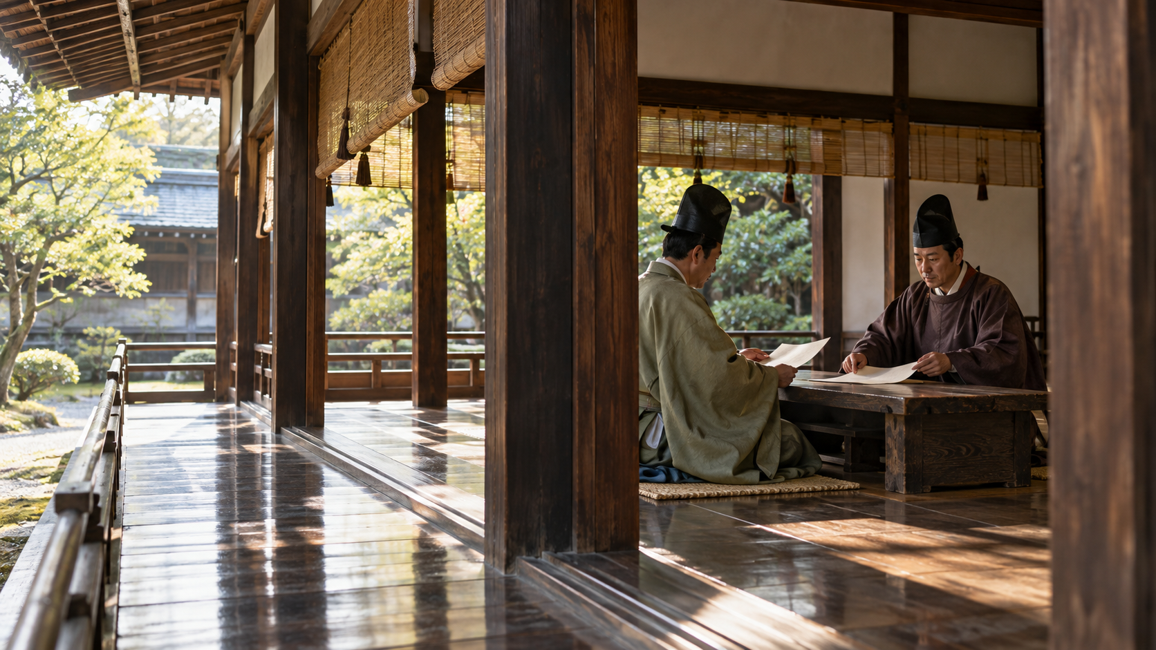 広い木の廊で無地の紙を扱う烏帽子と広袖の匿名人物二人の創作情景