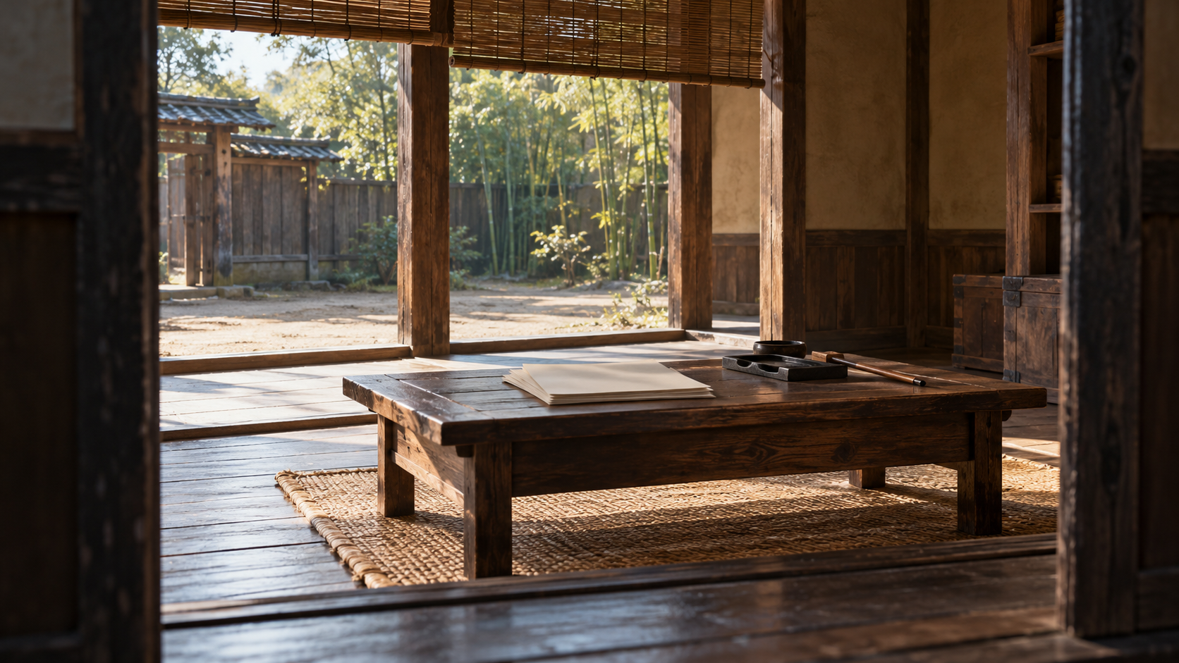 竹簾のかかった木造の室内に低い机と無地の紙束、硯と筆を置いた創作情景