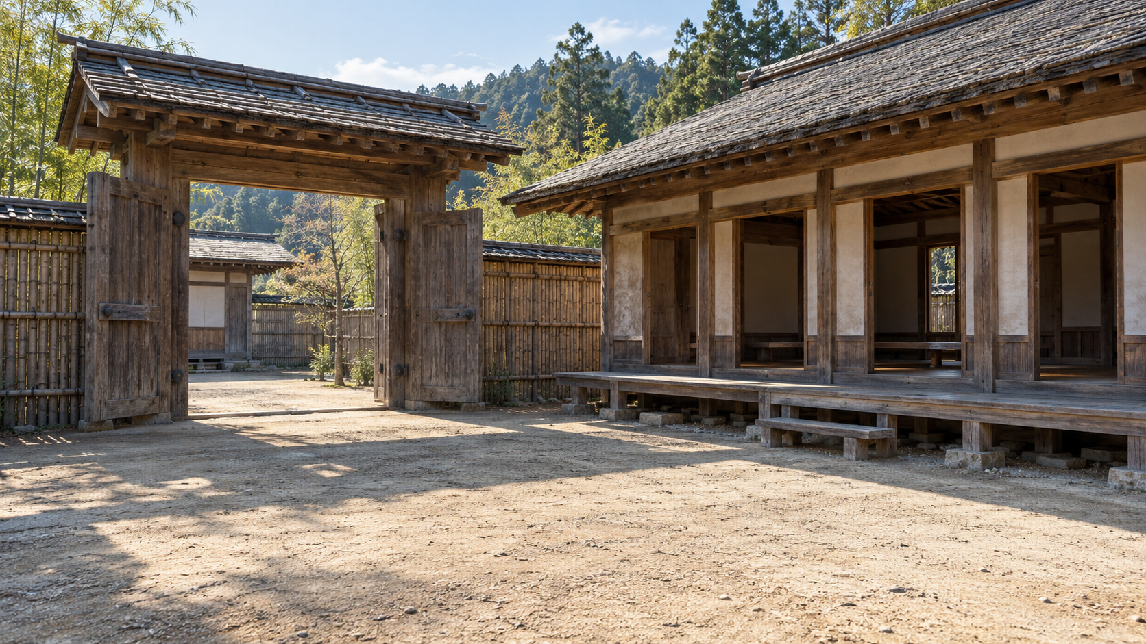 土の前庭と竹垣に囲まれた無人の木造建物の創作情景