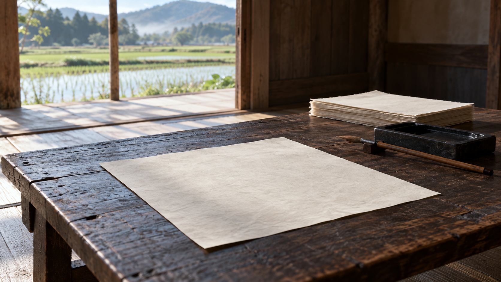 窓から田畑が見える机の上に白紙と硯と筆を置いた創作情景