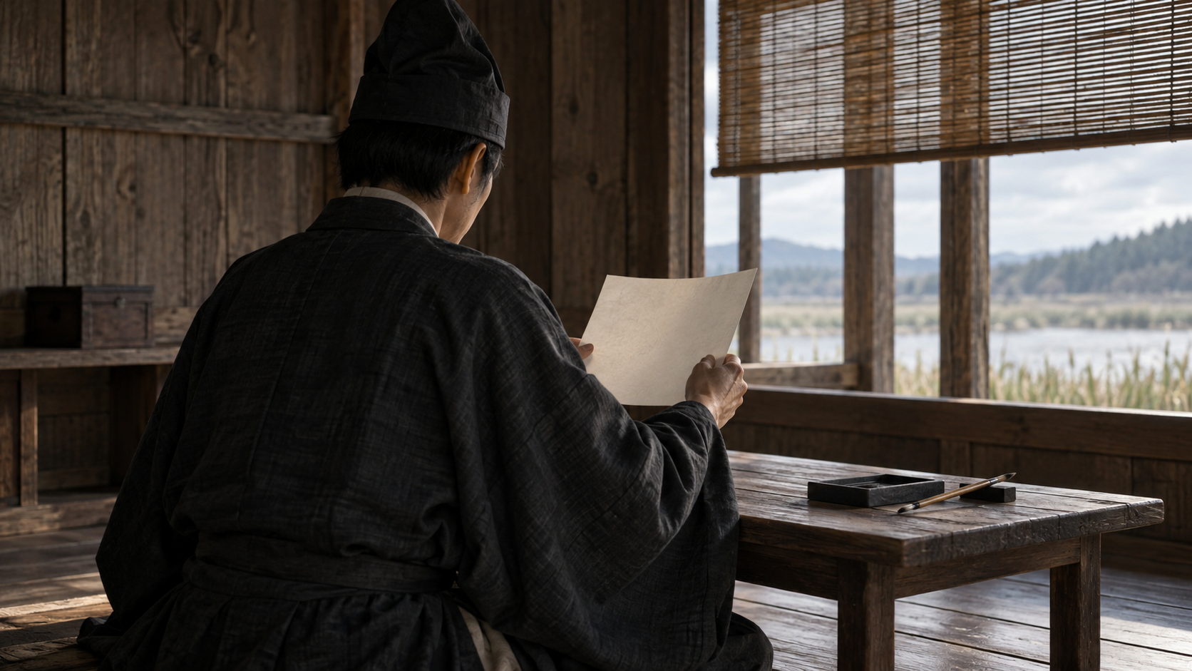 烏帽子と広袖の匿名人物が無地の紙を手にする後ろ姿の創作情景