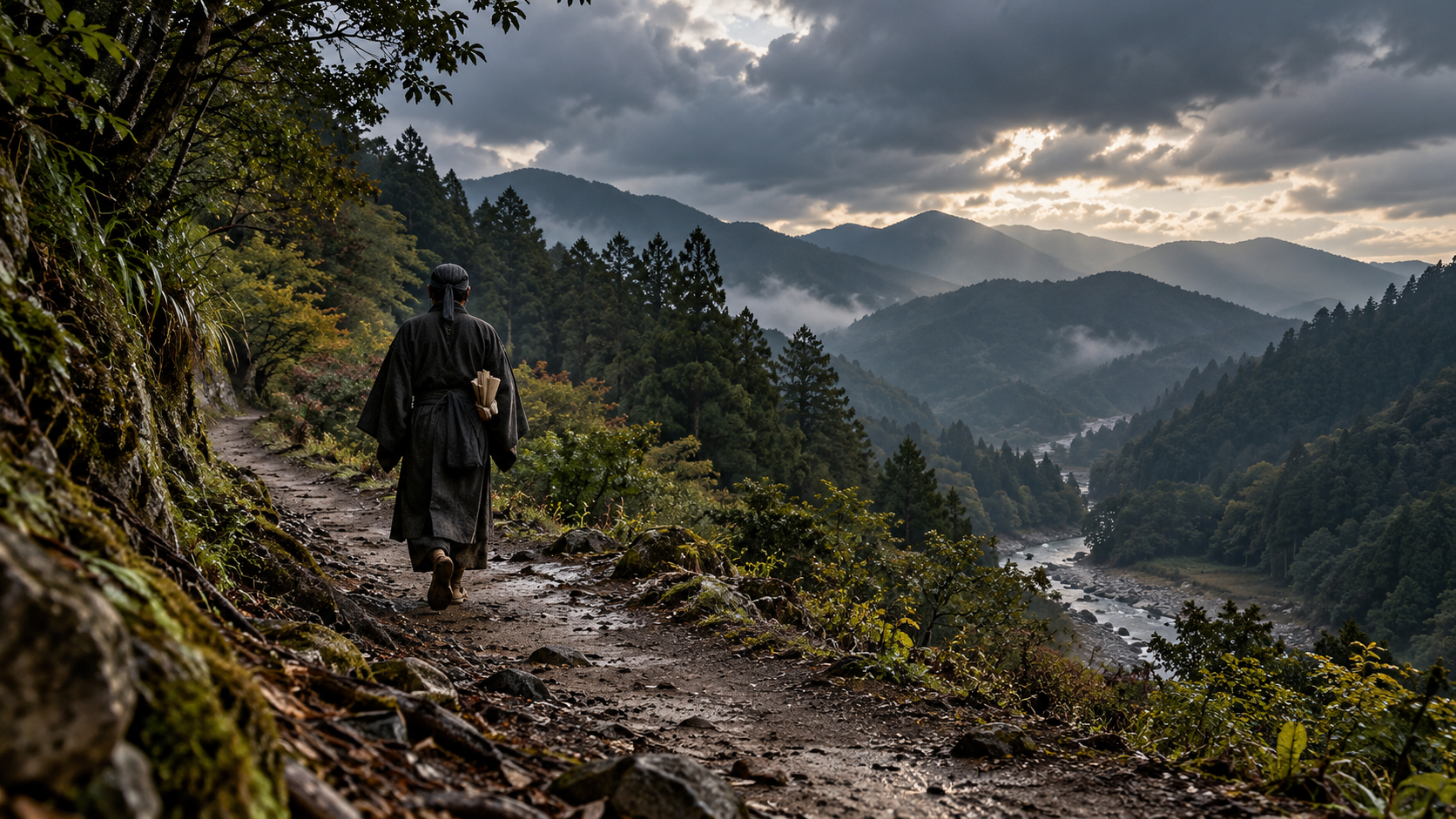 紙束を携えた匿名人物が岩と河谷の見える山道を歩く創作情景