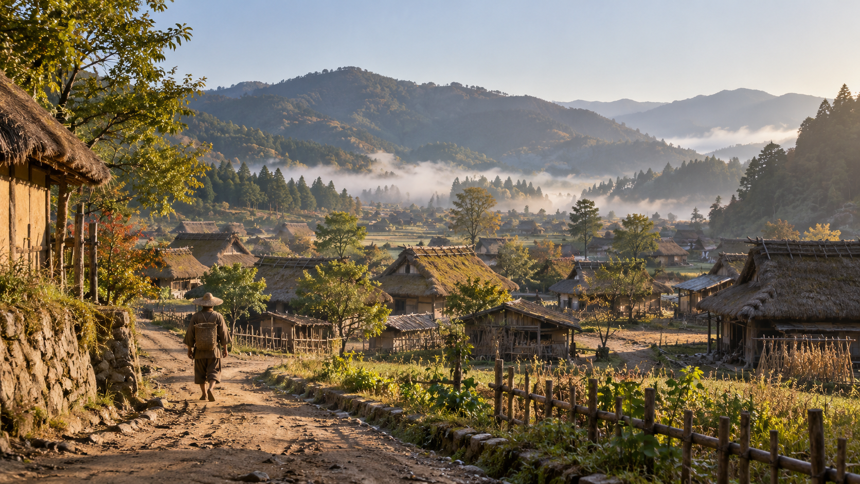 低い茅葺きの家々と土の道、小さな匿名人物の後ろ姿を置いた創作景観