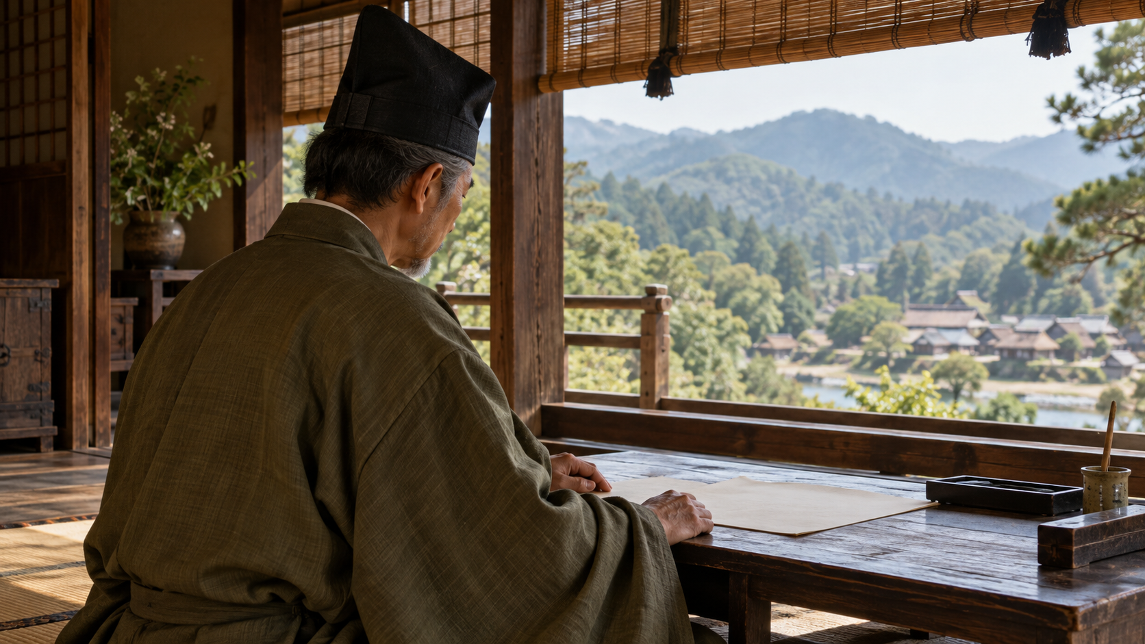 無地の紙と硯を前に座る烏帽子と広袖の匿名の年配人物の創作情景