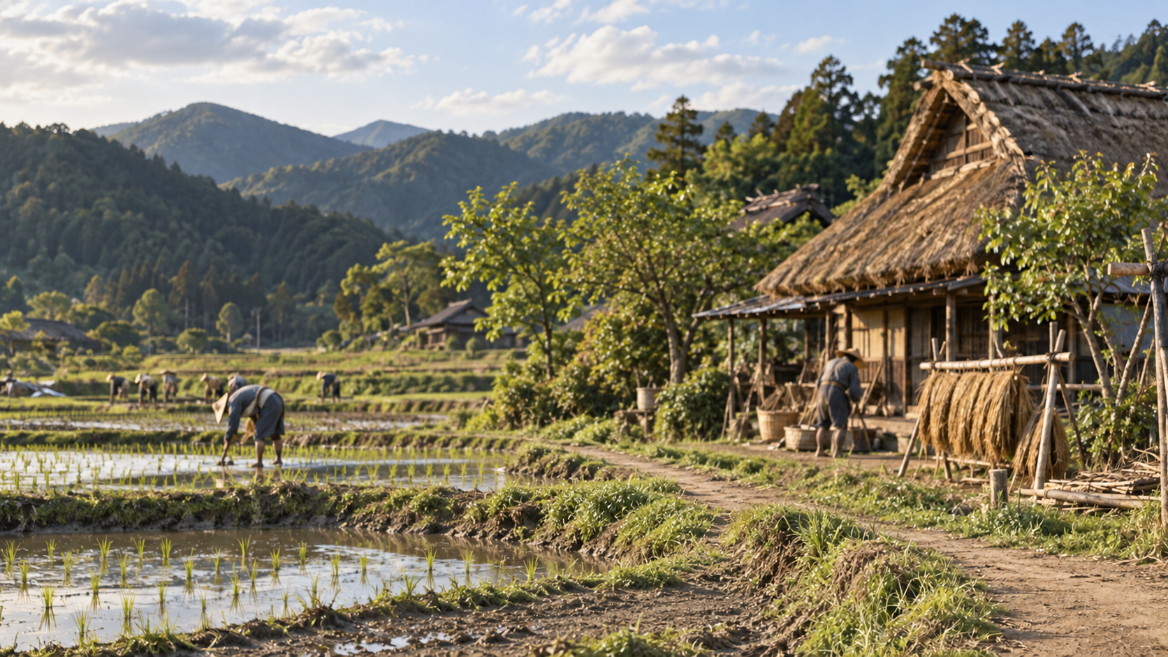 田と茅葺きの家のある農村を描いた創作情景