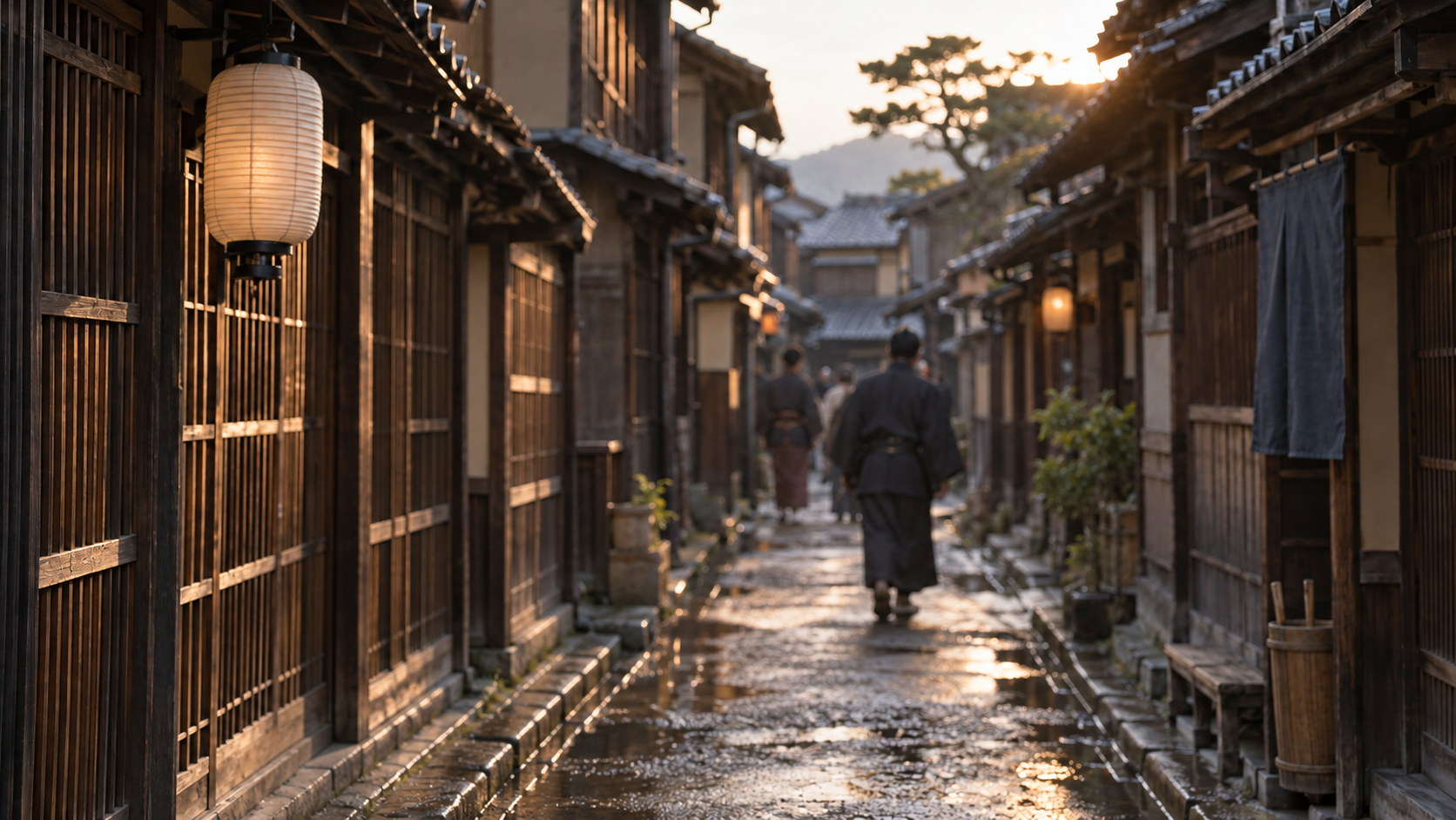 夕暮れの町並みを歩く武士の創作情景