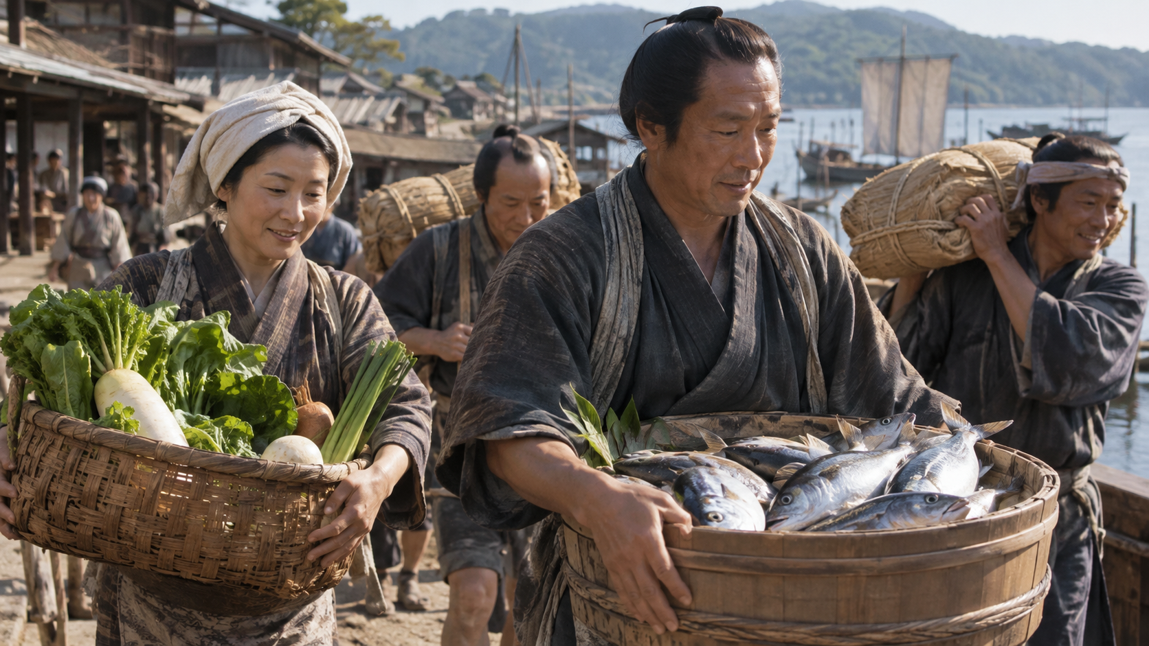 魚や野菜を運ぶ村人たちの創作情景