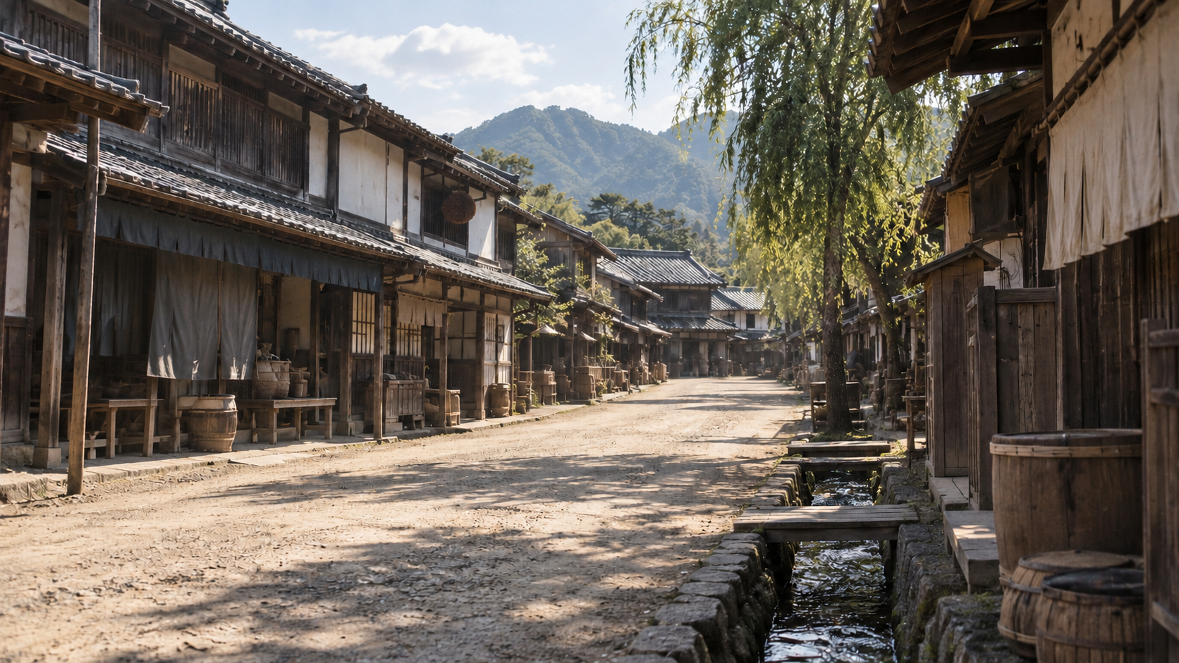 木造家屋が並ぶ宿場を想起した創作情景