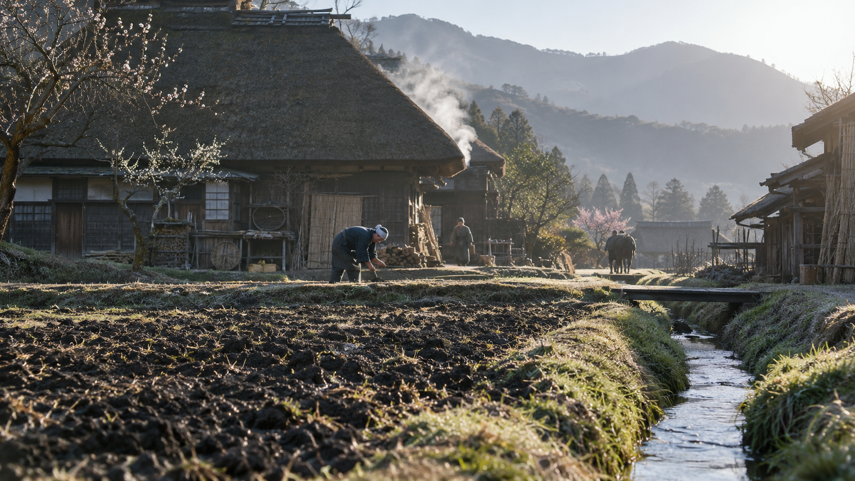 農村の家と畑、水路を描いた創作情景