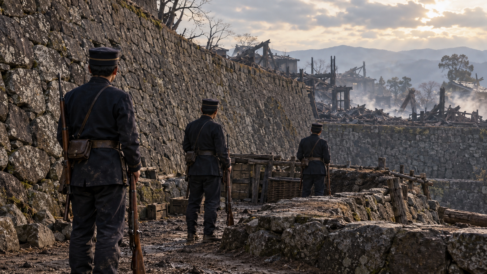 石垣と焼け跡のある城域で見張る兵士たちの創作情景