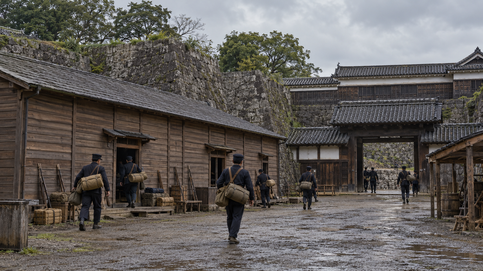旧来の城の建物と兵舎を想起した創作情景
