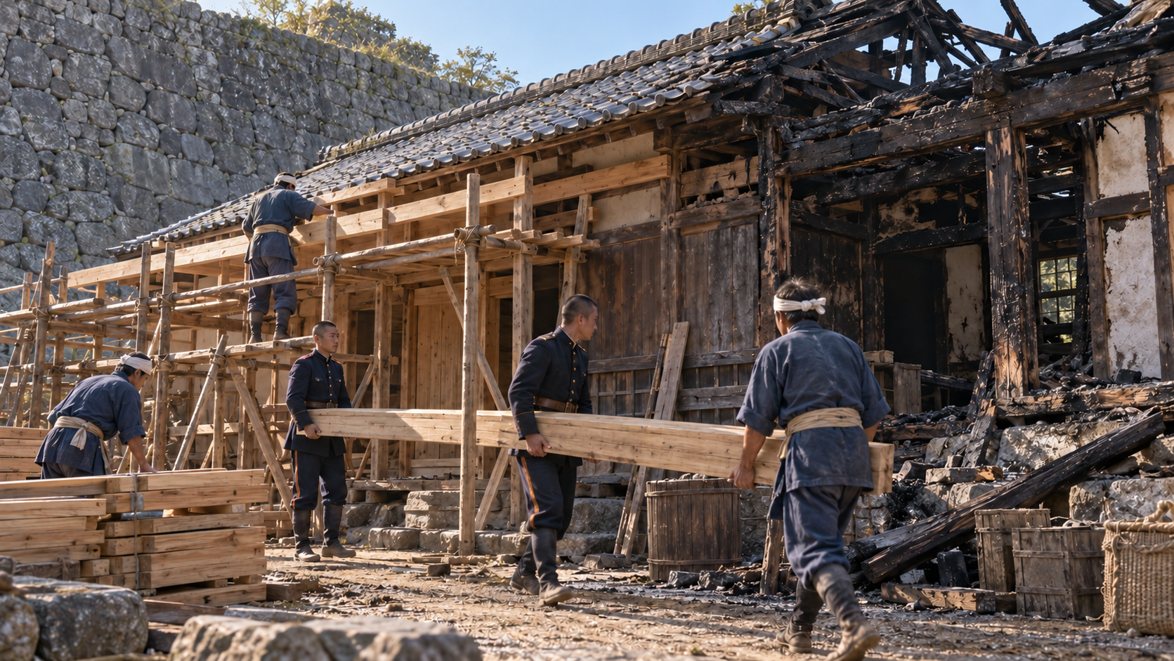 被害を受けた木造施設を修理する人々の創作情景