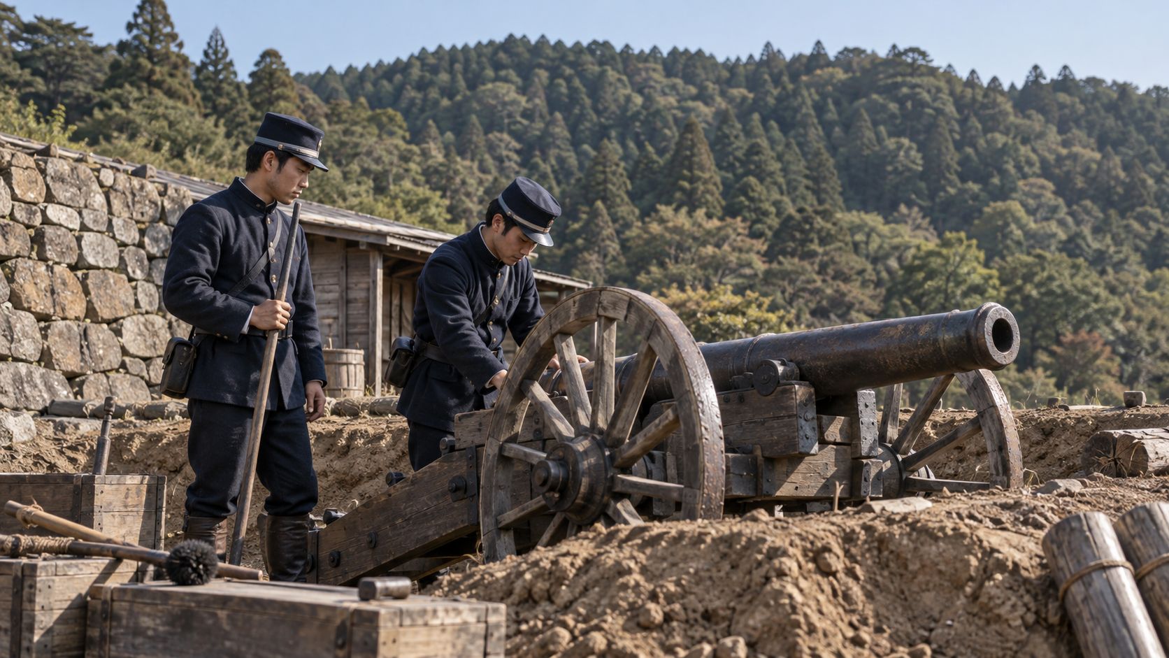 城の防備で砲を扱う兵士たちの創作情景